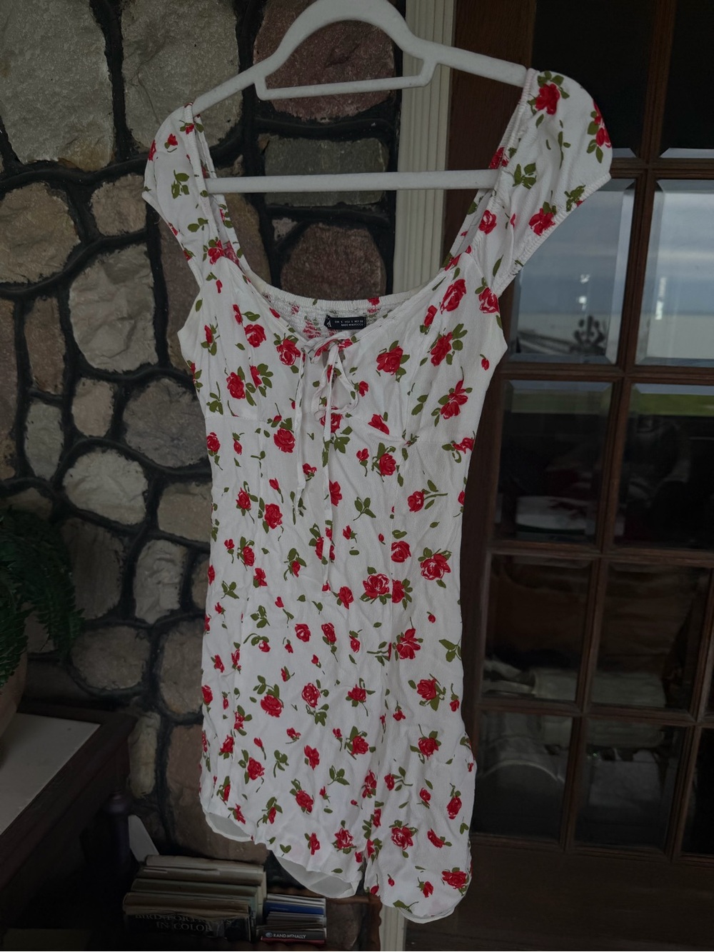 ZARA White Tie-Front lined dress with Red Rose Print